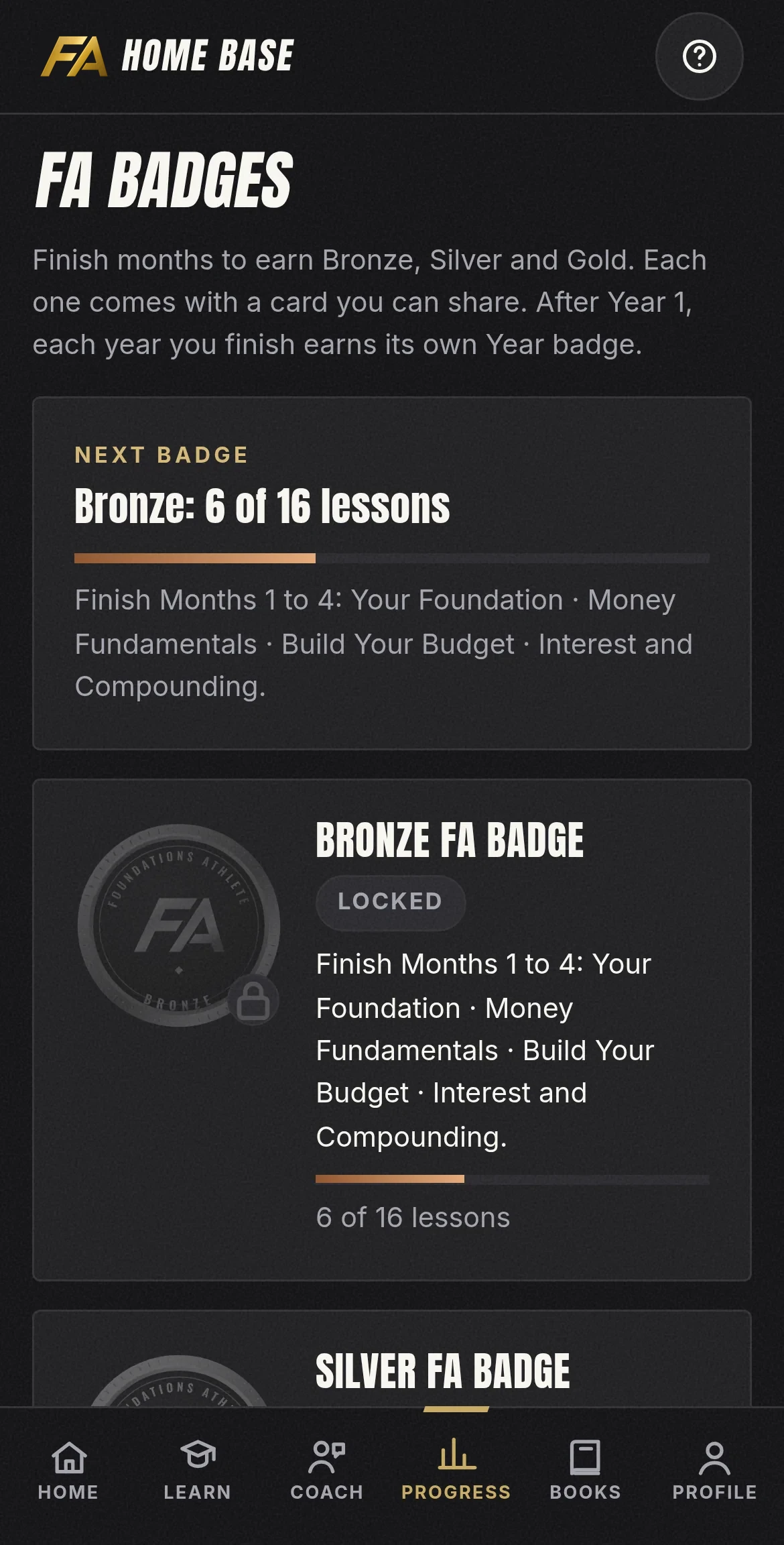 Bronze, Silver and Gold FA badges in FA Home Base