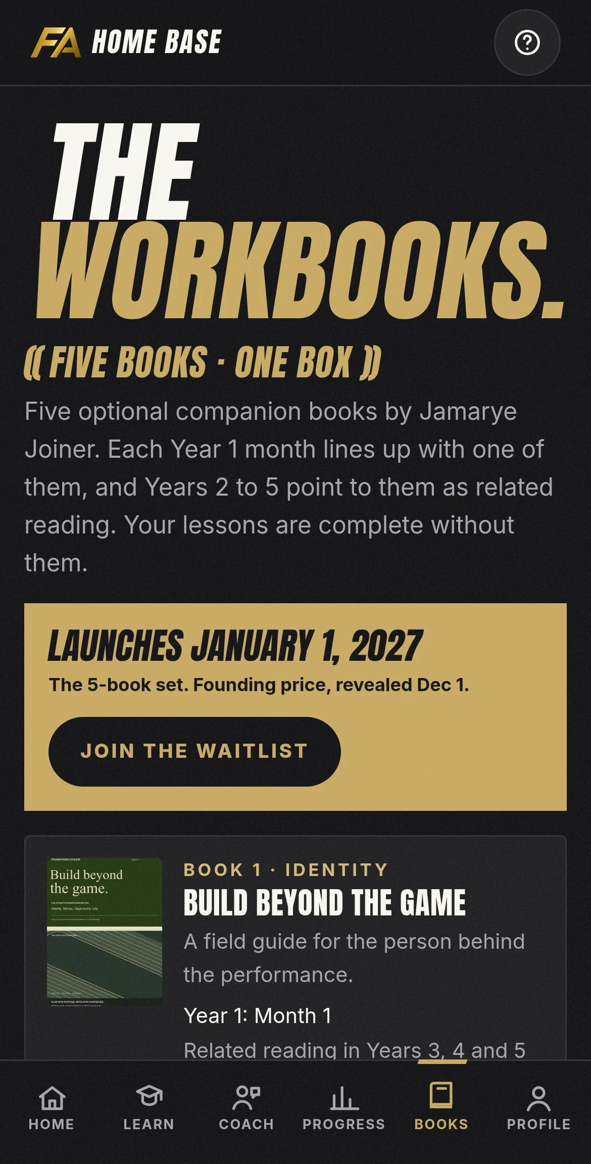The FA Home Base Books tab showing the five Foundations Athlete workbooks