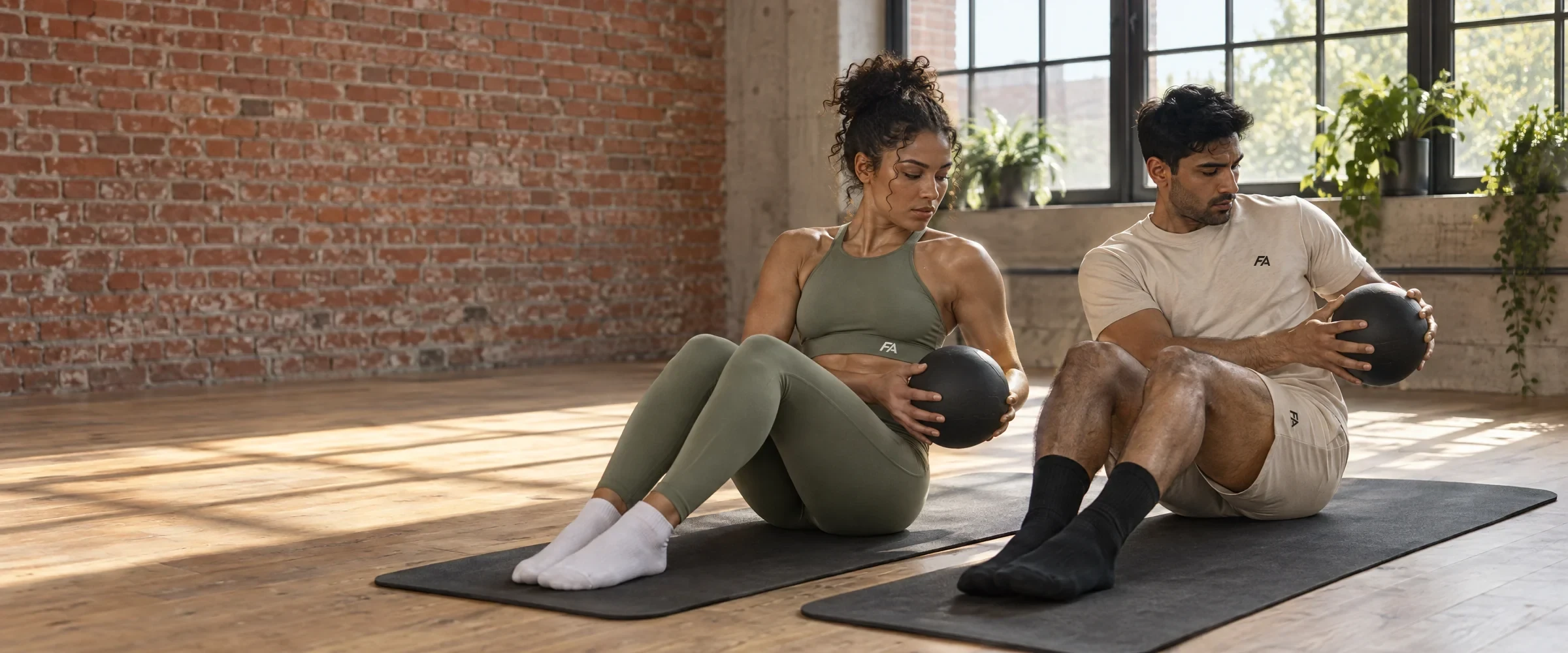 A man in the FA Training Collection and a woman in the Studio Set in Sage training together in a sunlit loft