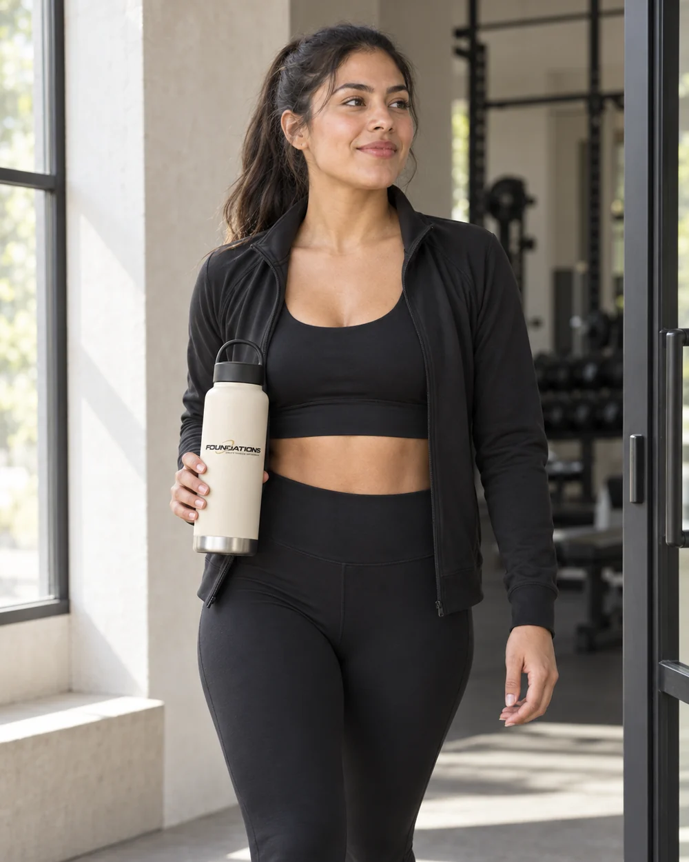 FA Water Bottle in Sand, worn by a model